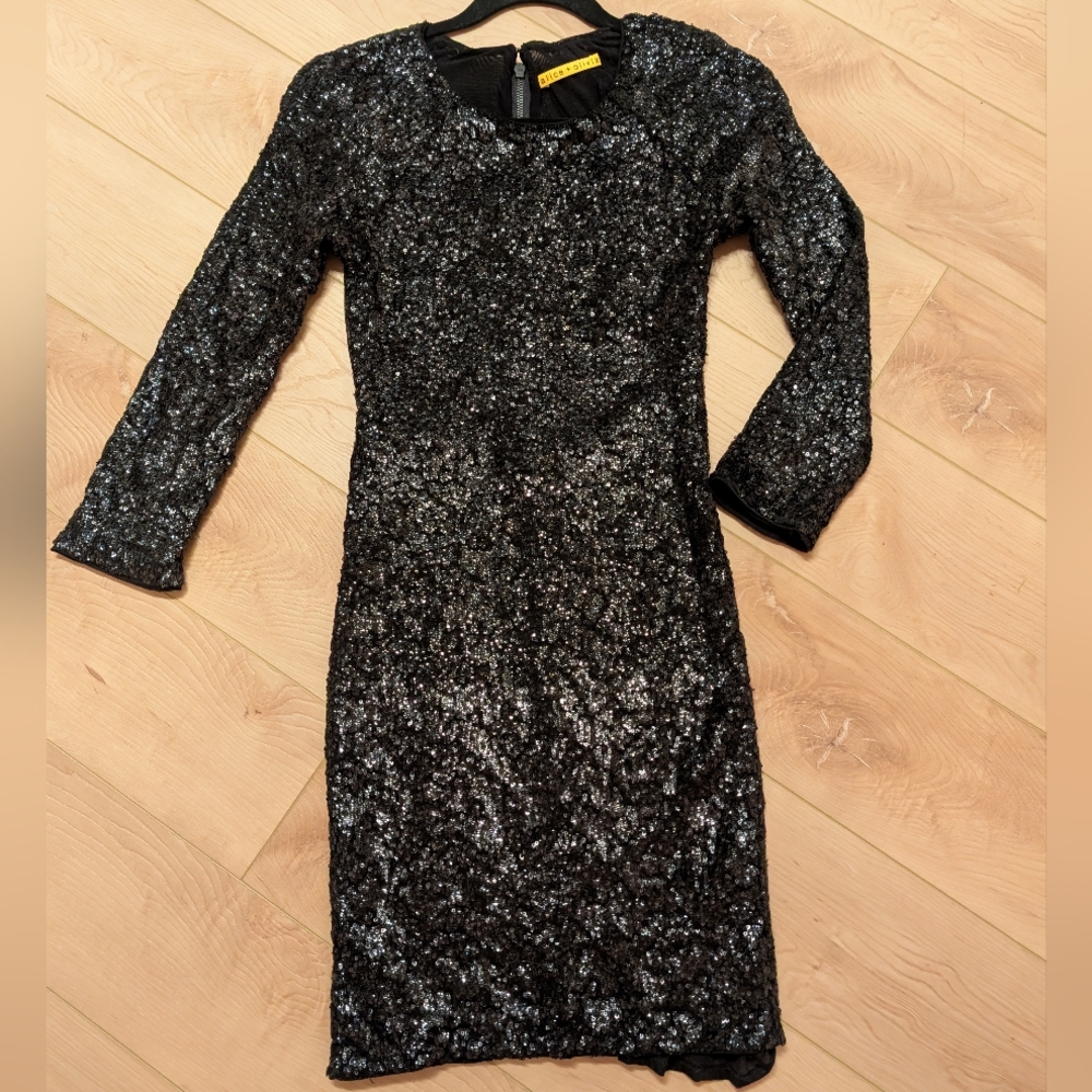 Alice + Olivia Black Sequin Long Sleeve Bodycon Dress - Picture 3 of 5